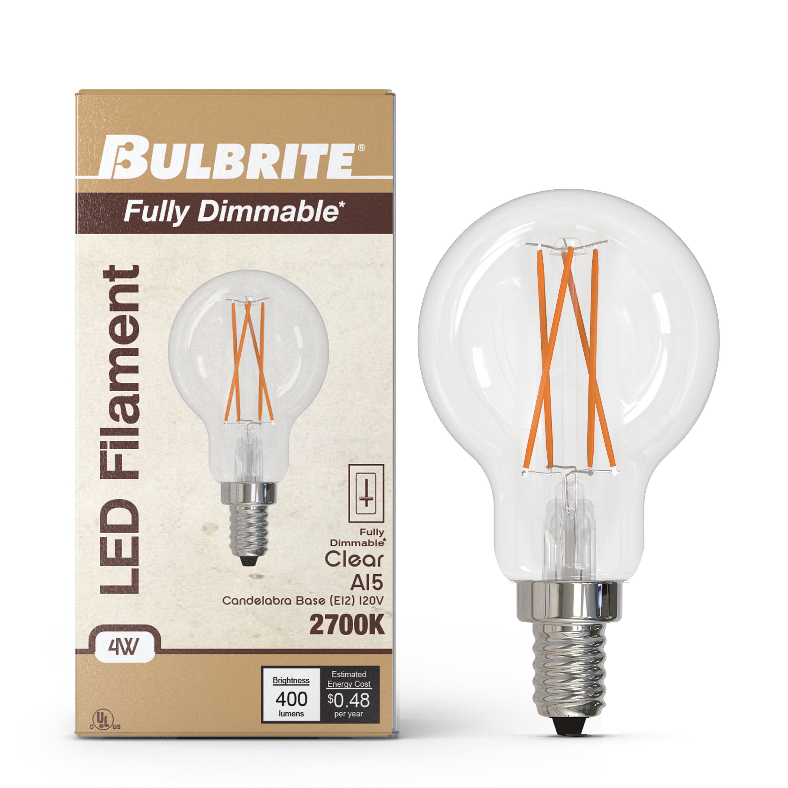 A15 4W Dimmable Clear Filament LED Light Bulb with E12 Base, 2700K, 400 Lumens, 4-Pack