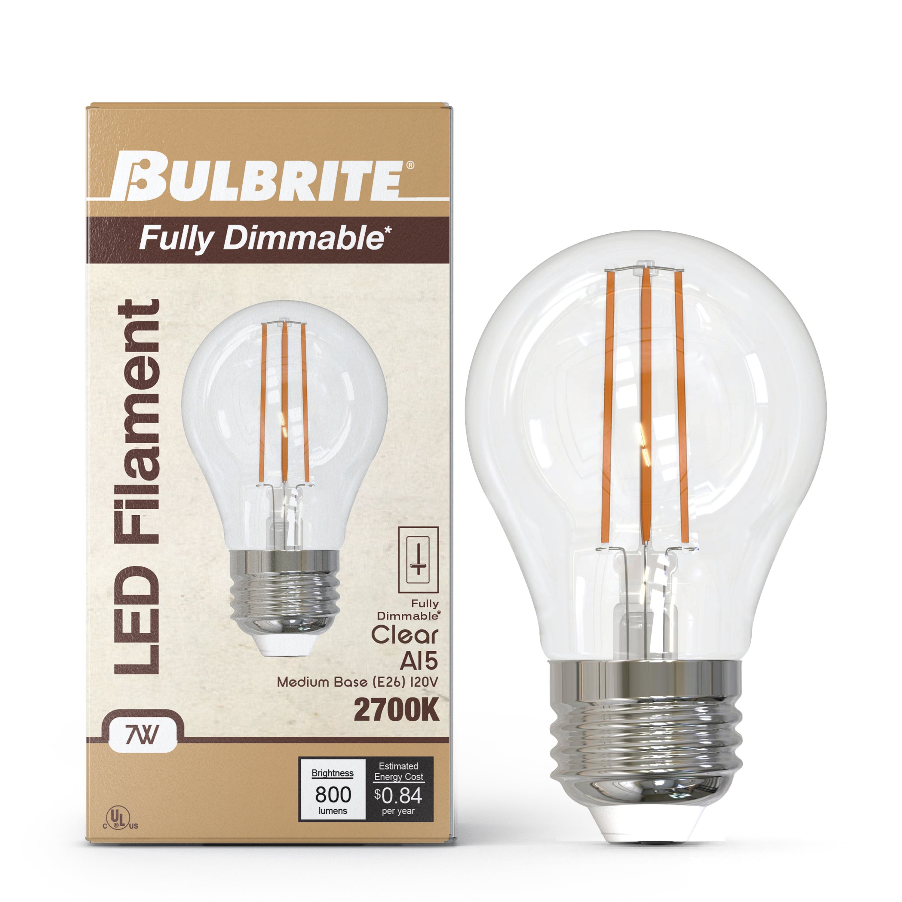 A15 7W Dimmable Clear Filament LED Light Bulb with E26 Base, 2700K, 800 Lumens, 4-Pack