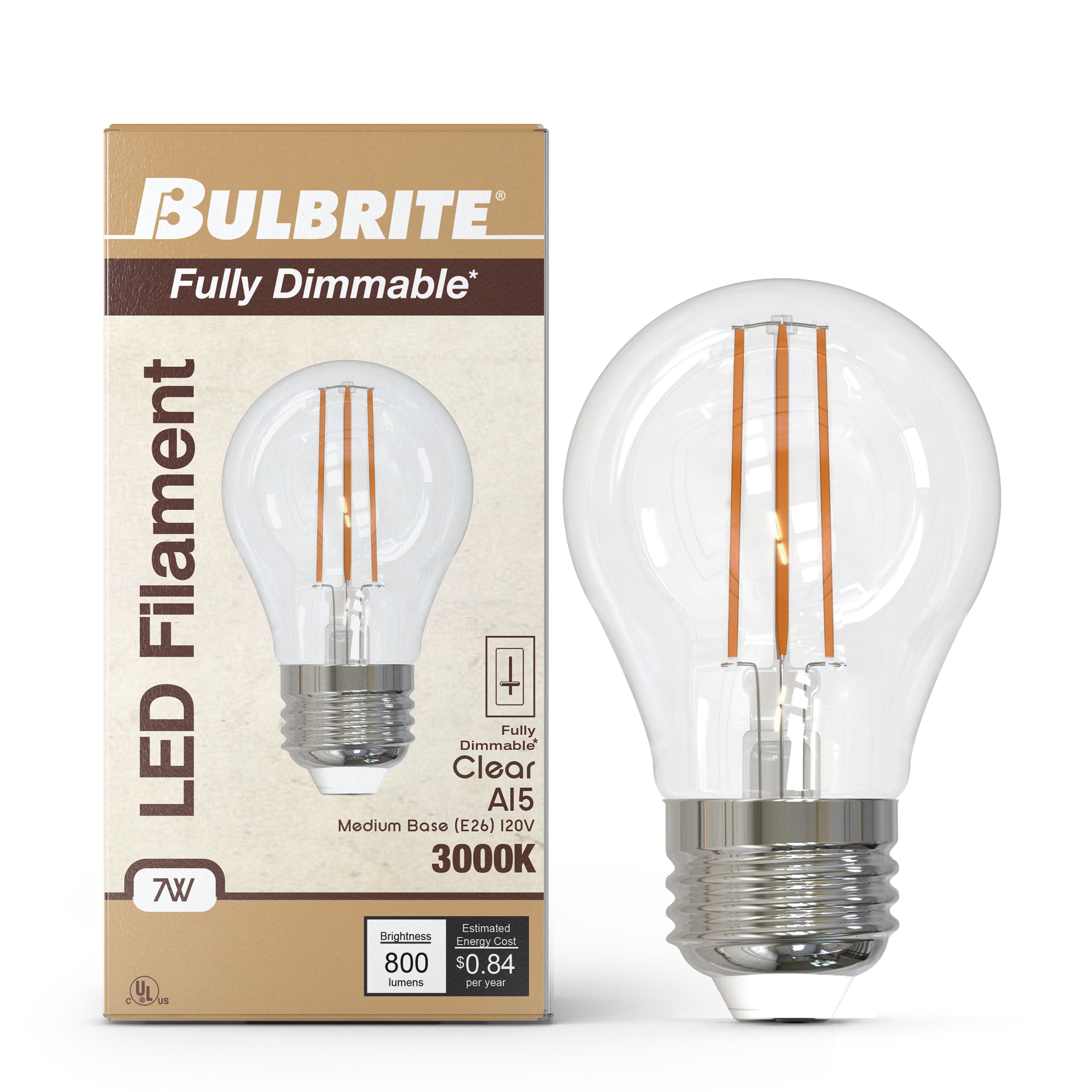 A15 7W Dimmable Clear Filament LED Light Bulb with E26 Base, 3000K, 800 Lumens, 4-Pack