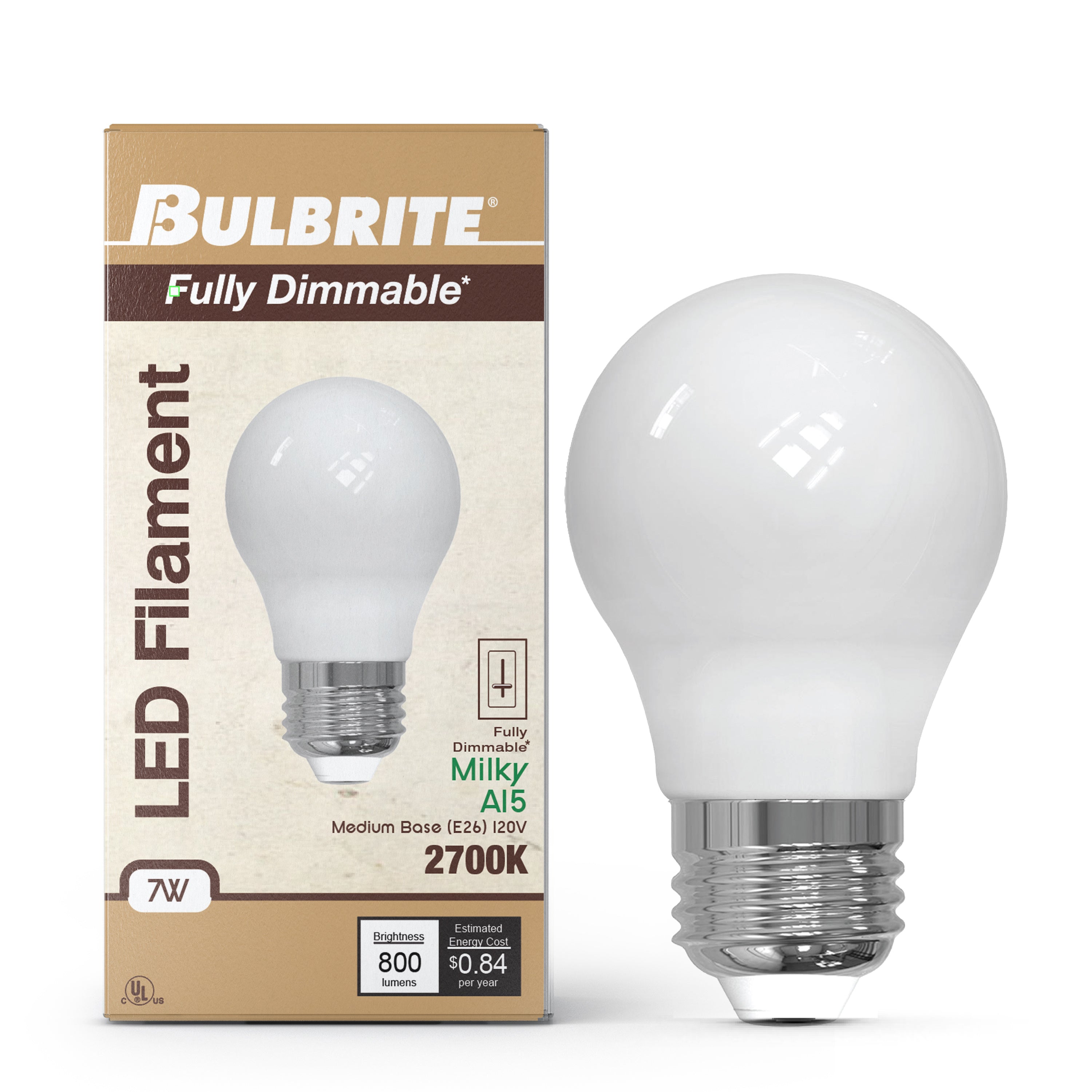 A15 7W Dimmable Milky Filament LED Light Bulb with E26 Base, 2700K, 800 Lumens, 4-Pack
