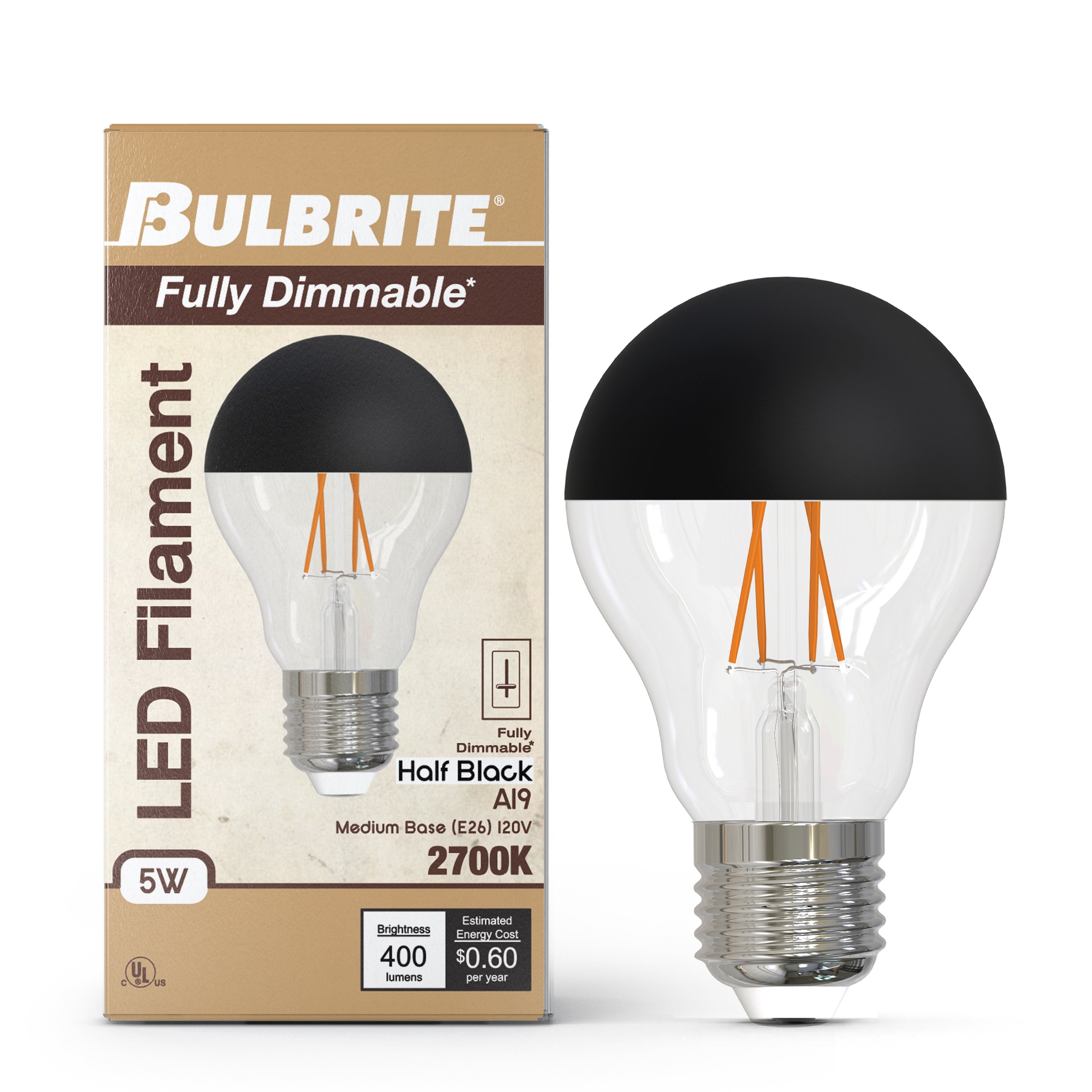 Half Series Designer A19 5W Dimmable Half Black Filament LED Light Bulb with E26 Base, 2700K, 400 Lumens, 4-Pack