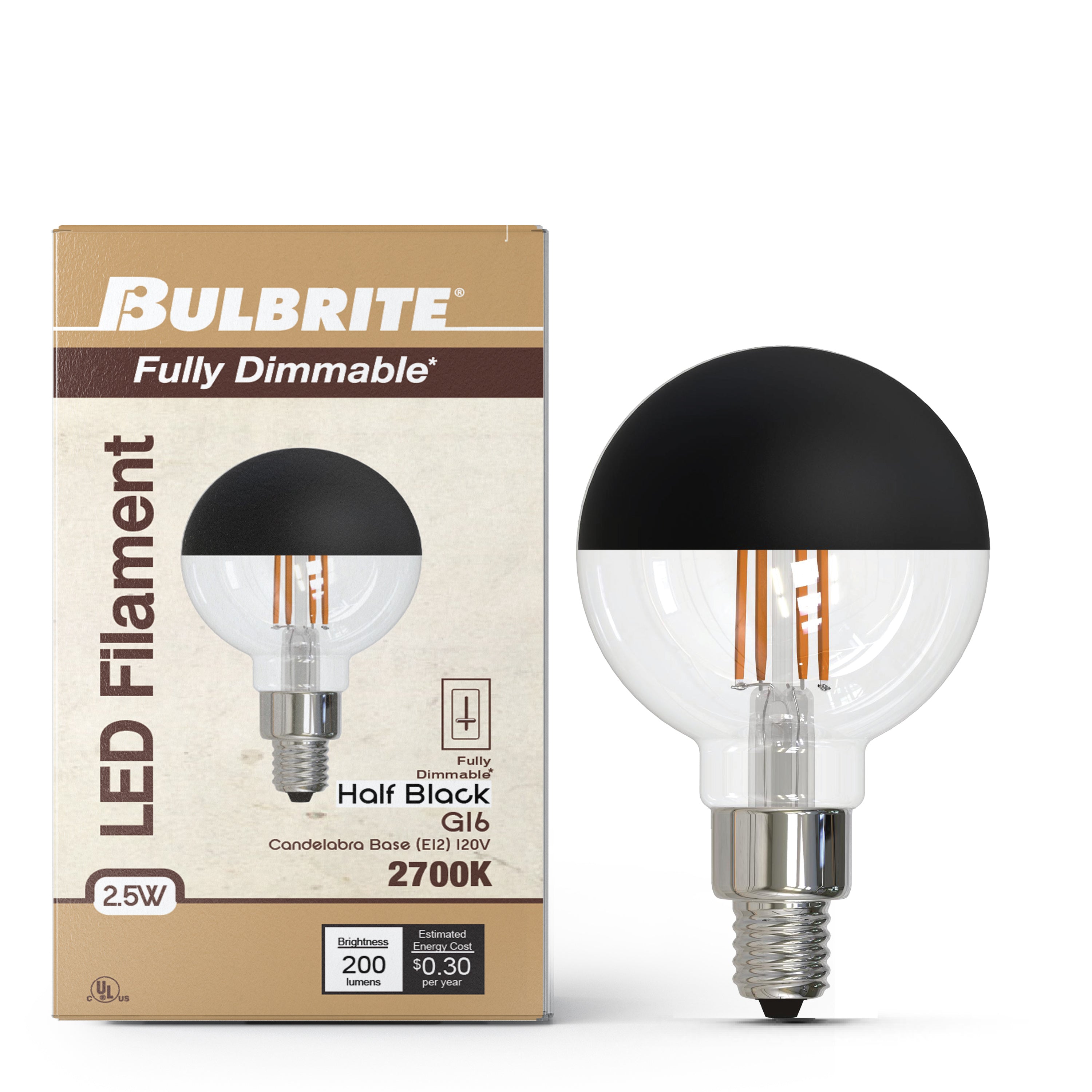Half Series Designer G16 2.5W Dimmable Half Black Filament LED Light Bulb with E12 Base, 2700K, 200 Lumens, 2-Pack