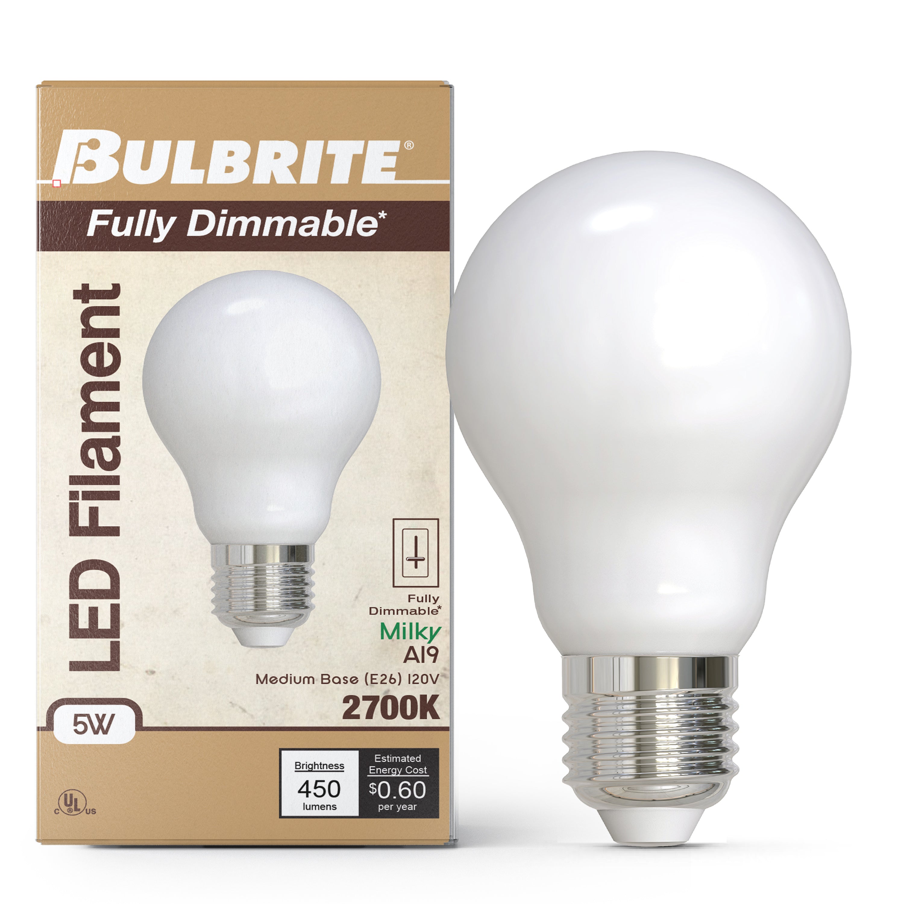 A19 5W Dimmable Milky Filament LED Light Bulb with E26 Base, 2700K, 450 Lumens, 4-Pack