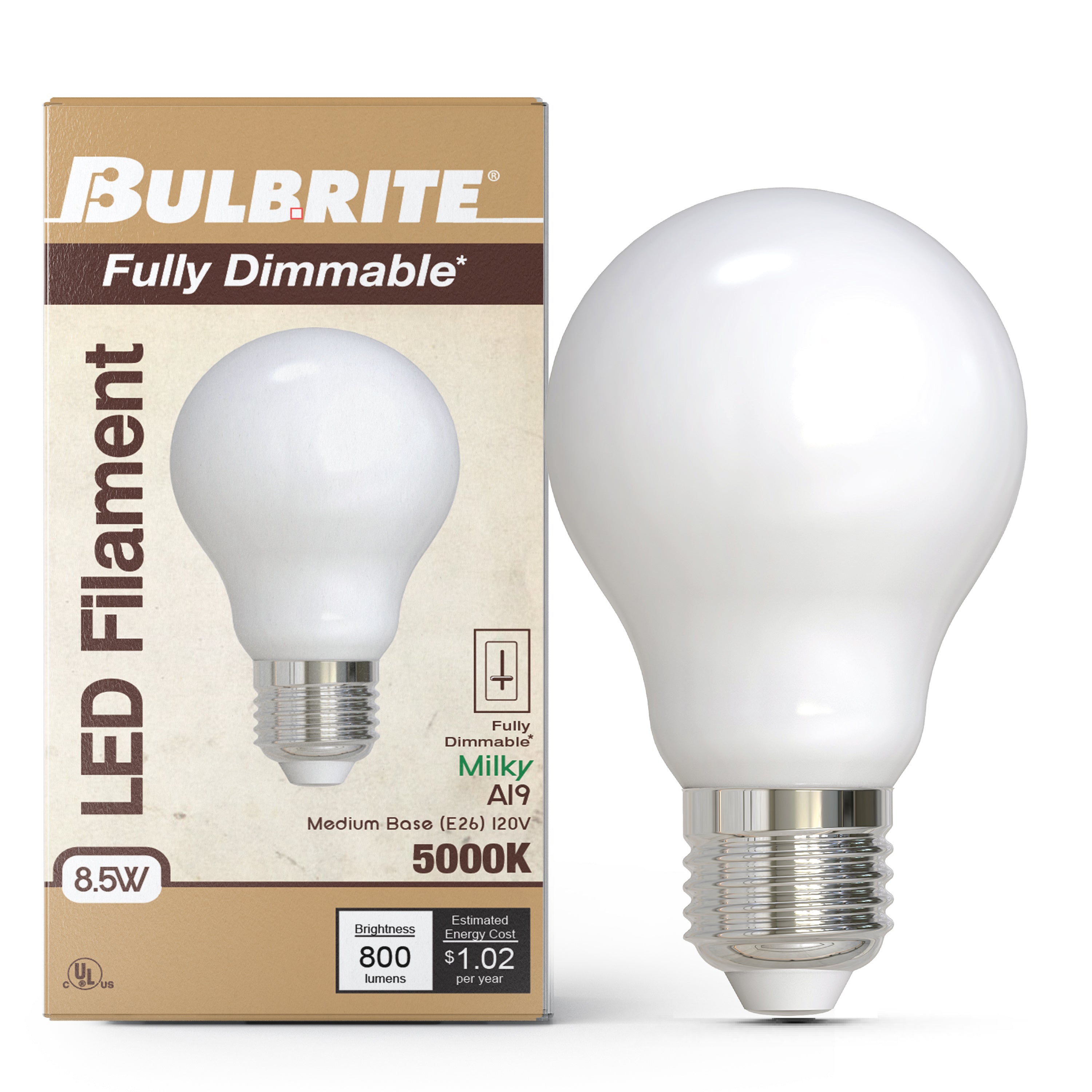 A19 8.5W Dimmable Milky Filament LED Light Bulb with E26 Base, 5000K, 800 Lumens, 4-Pack