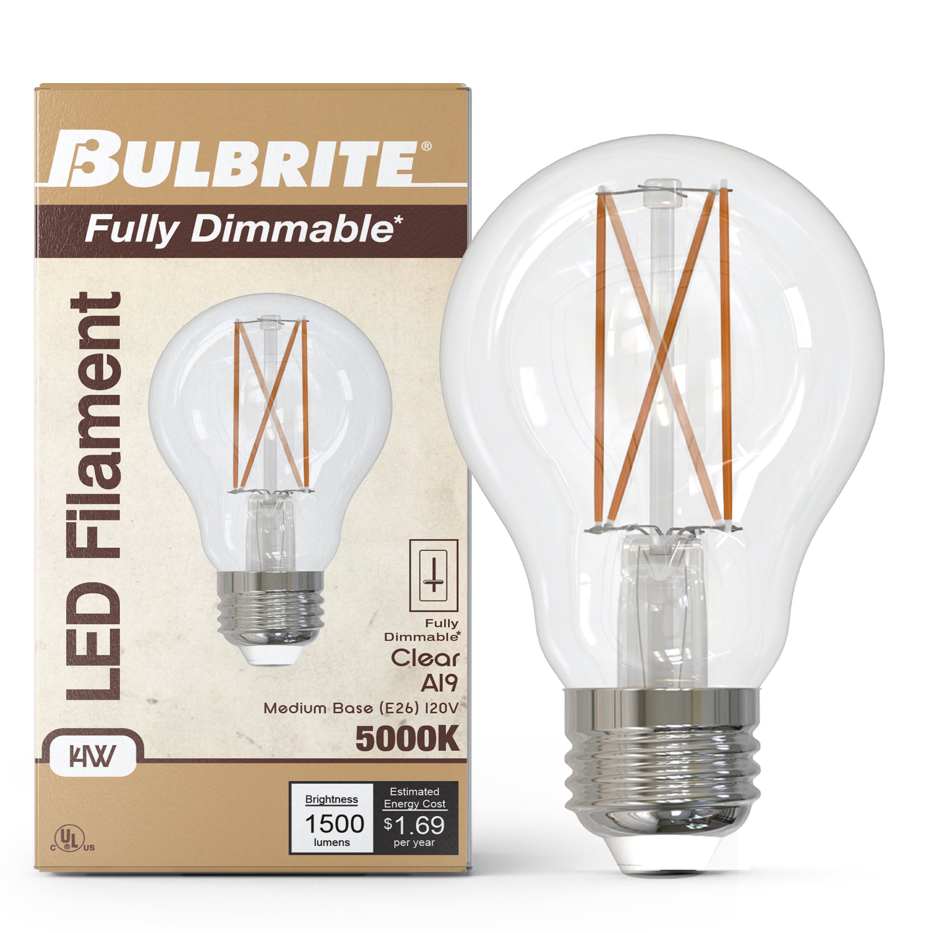 A19 14W Dimmable Clear Filament LED Light Bulb with E26 Base, 5000K, 1500 Lumens, 4-Pack