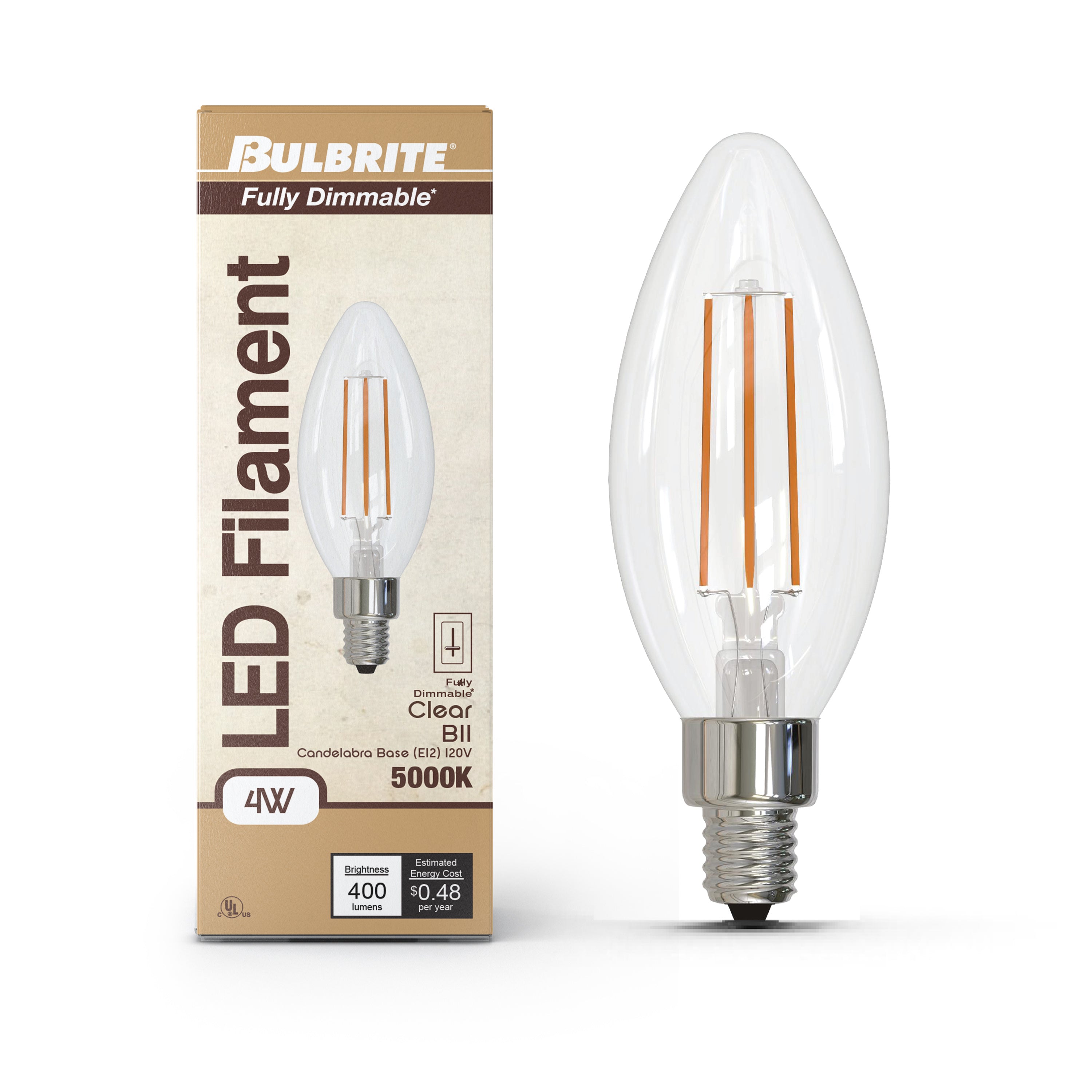 B11 4W Dimmable Clear Filament LED Light Bulb with E12 Base, 5000K, 400 Lumens, 4-Pack