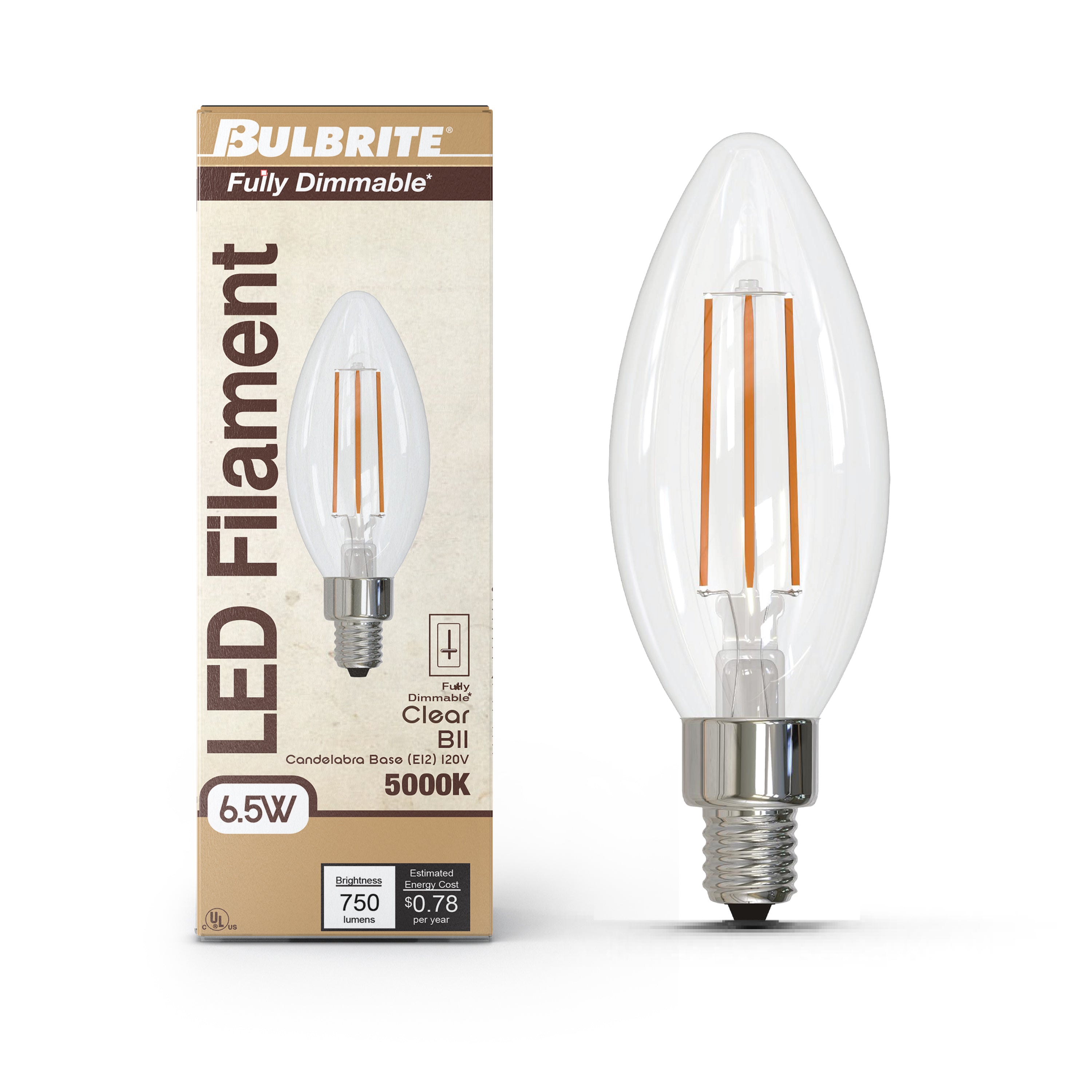 B11 6.5W Dimmable Clear Filament LED Light Bulb with E12 Base, 5000K, 750 Lumens, 4-Pack