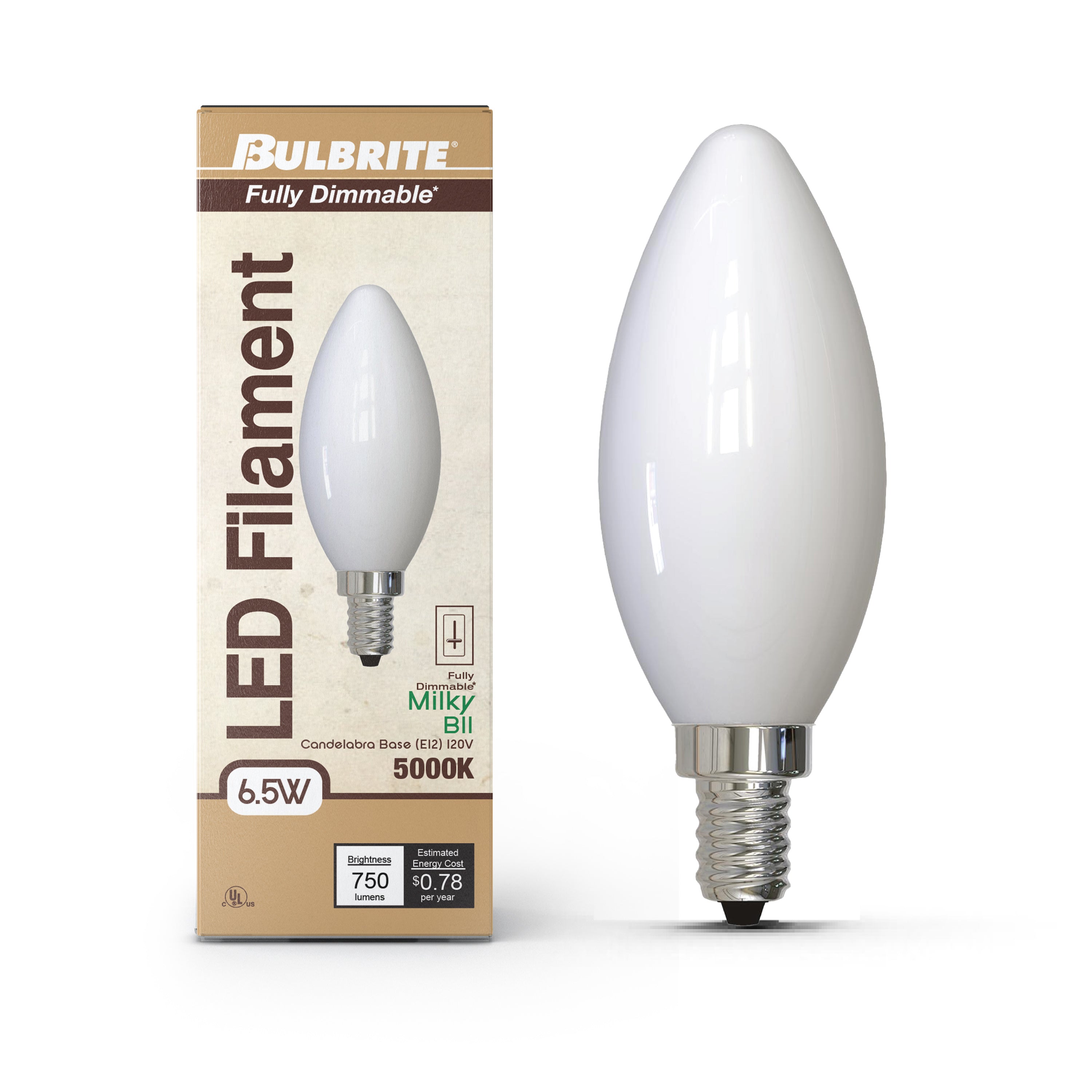 B11 6.5W Dimmable Milky Filament LED Light Bulb with E12 Base, 5000K, 750 Lumens, 4-Pack