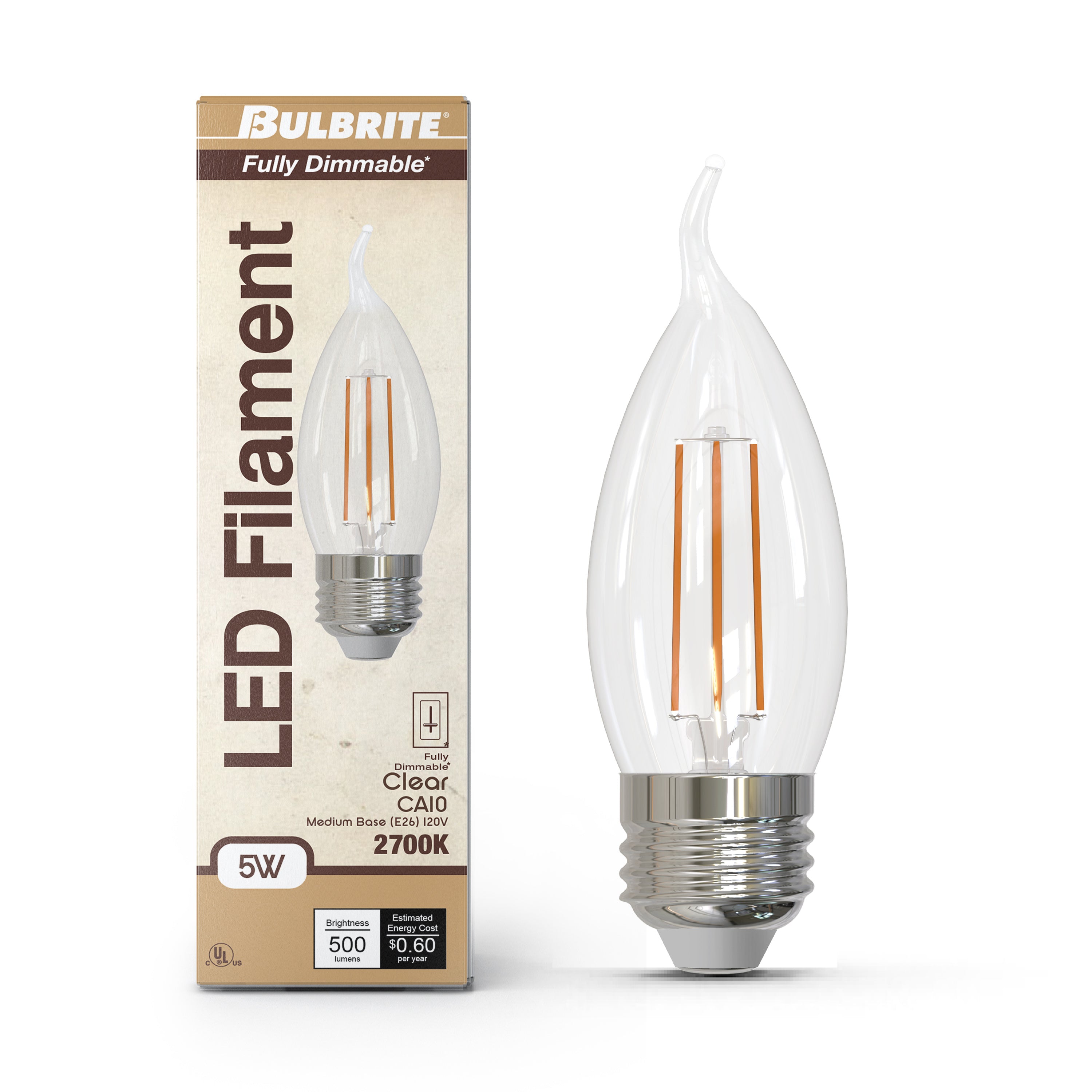 CA10 5W Dimmable Clear Filament LED Light Bulb with E26 Base, 2700K, 500 Lumens, 4-Pack