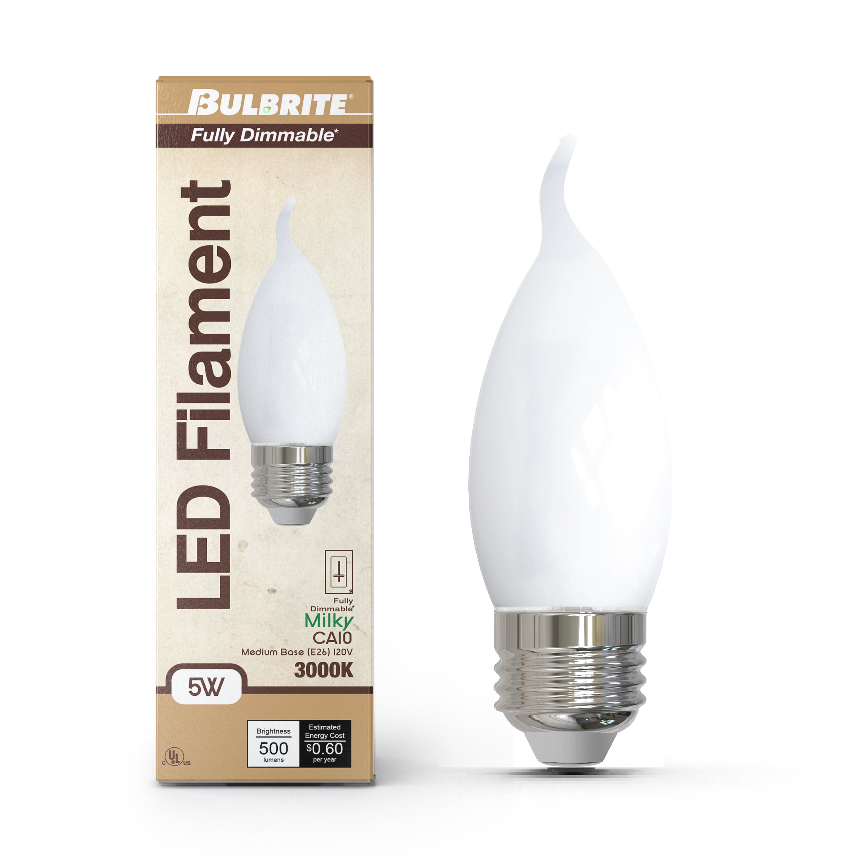 CA10 5W Dimmable Milky Filament LED Light Bulb with E26 Base, 3000K, 500 Lumens, 4-Pack