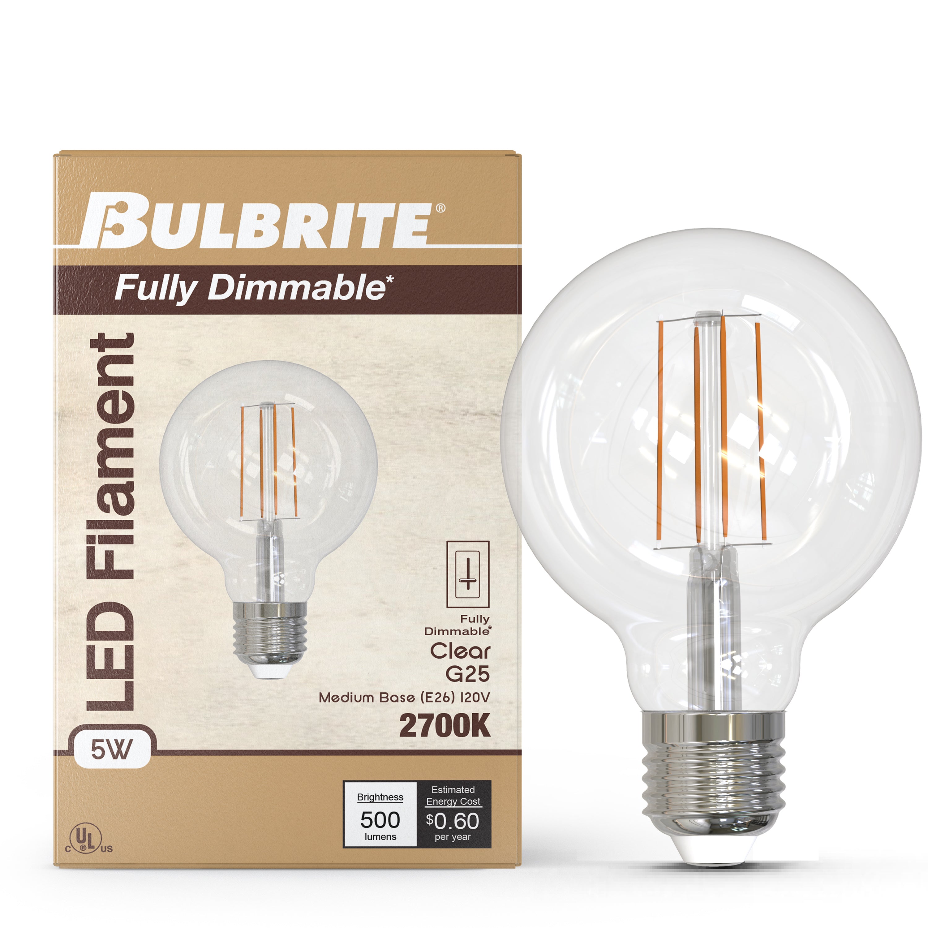G25 5W Dimmable Clear Filament LED Light Bulb with E26 Base, 2700K, 500 Lumens, 4-Pack