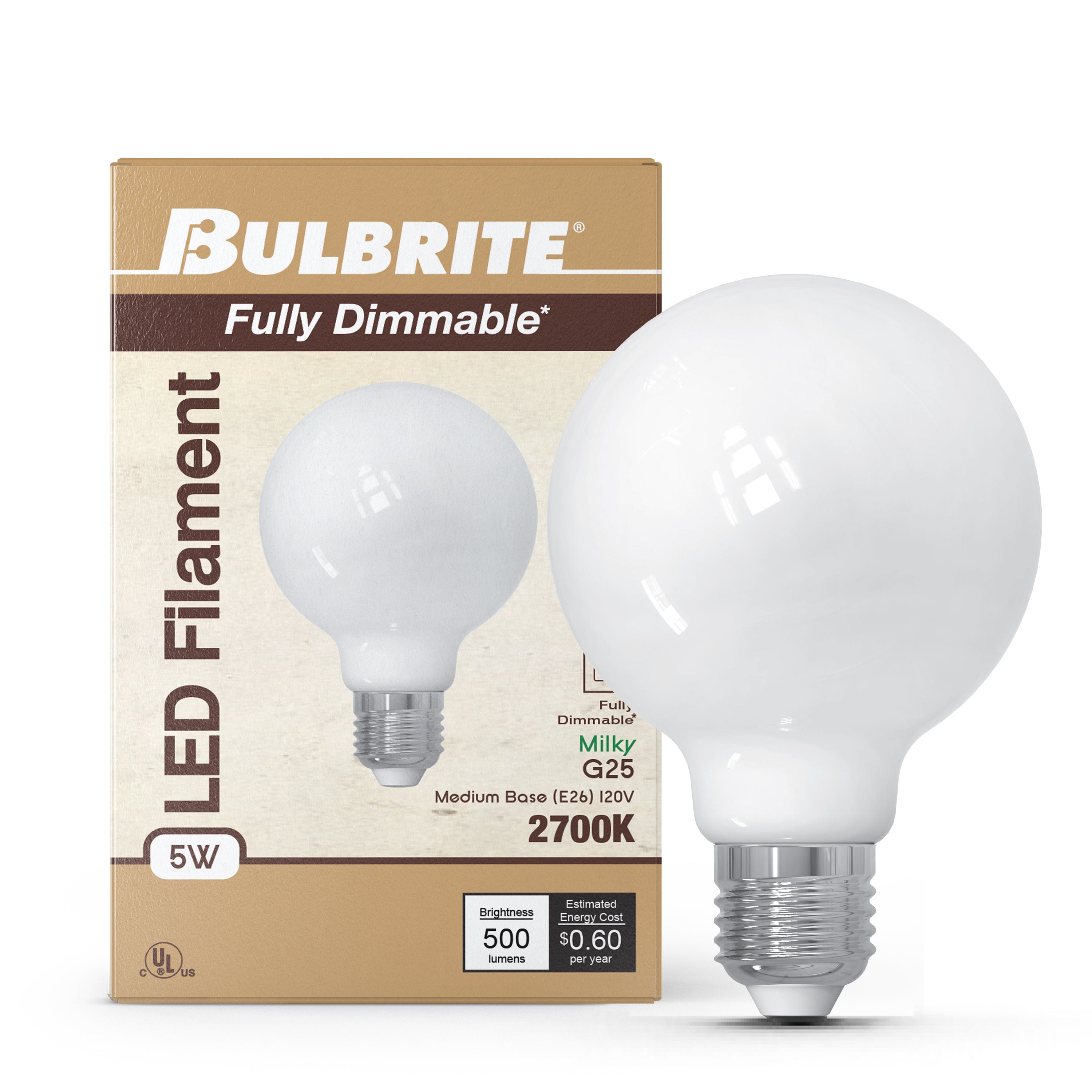 G25 5W Dimmable Milky Filament LED Light Bulb with E26 Base, 2700K, 500 Lumens, 4-Pack