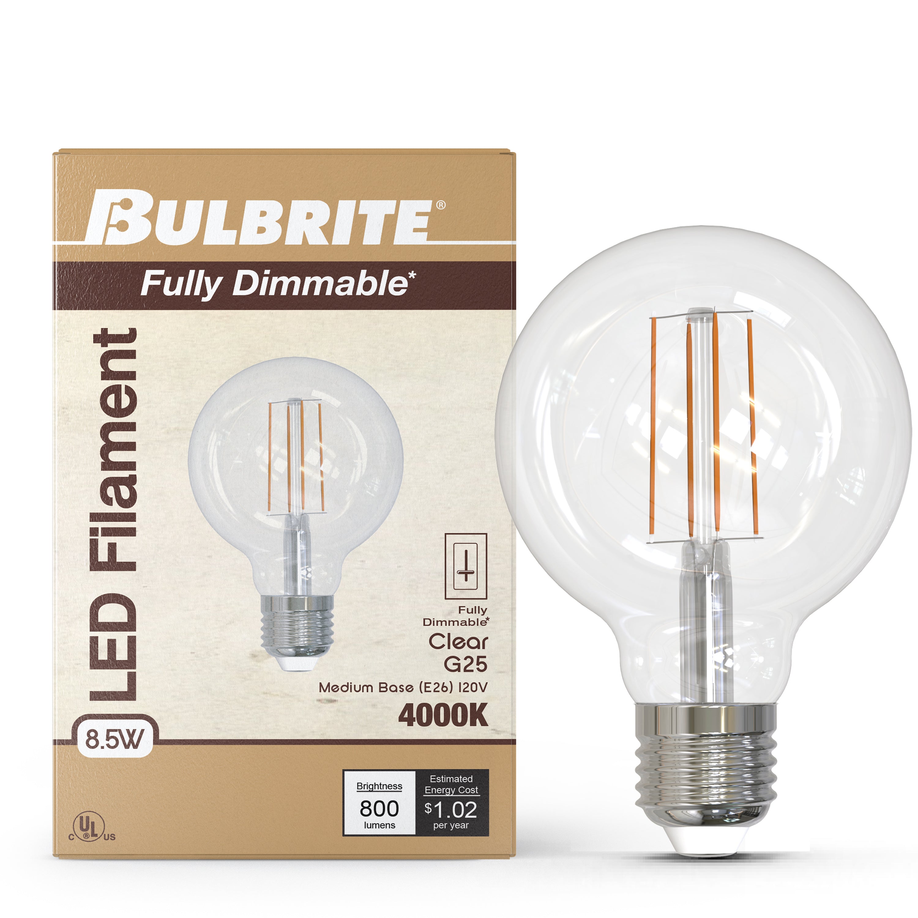 G25 8.5W Dimmable Clear Filament LED Light Bulb with E26 Base, 4000K, 800 Lumens, 4-Pack