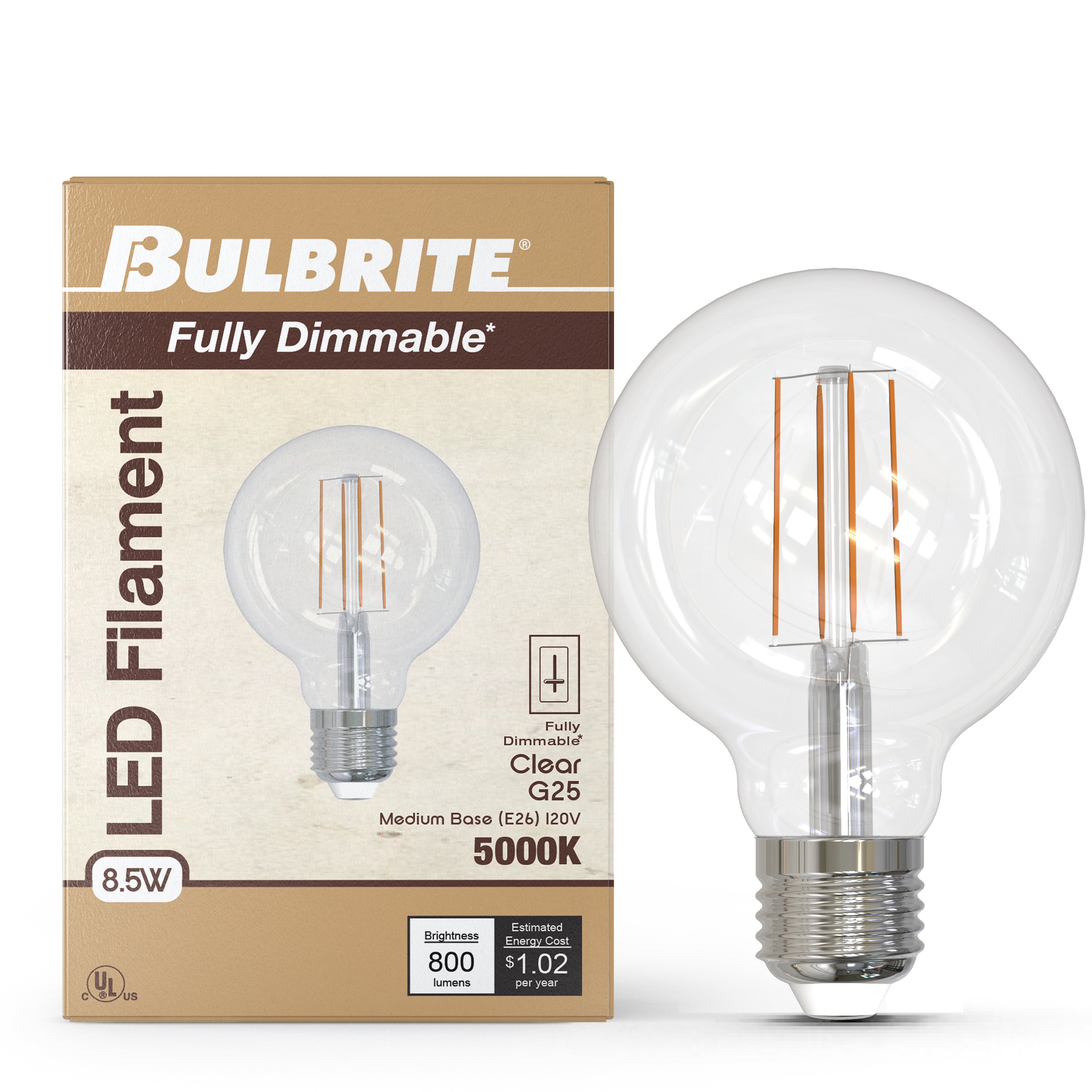 G25 8.5W Dimmable Clear Filament LED Light Bulb with E26 Base, 5000K, 800 Lumens, 4-Pack