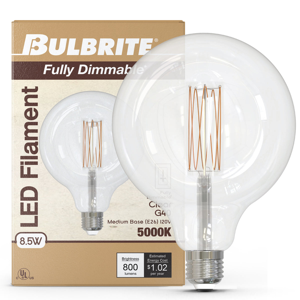 G40 8.5W Dimmable Clear Filament LED Light Bulb with E26 Base, 4000K, 800 Lumens, 2-Pack