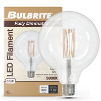 G40 8.5W Dimmable Clear Filament LED Light Bulb with E26 Base, 5000K, 800 Lumens, 2-Pack