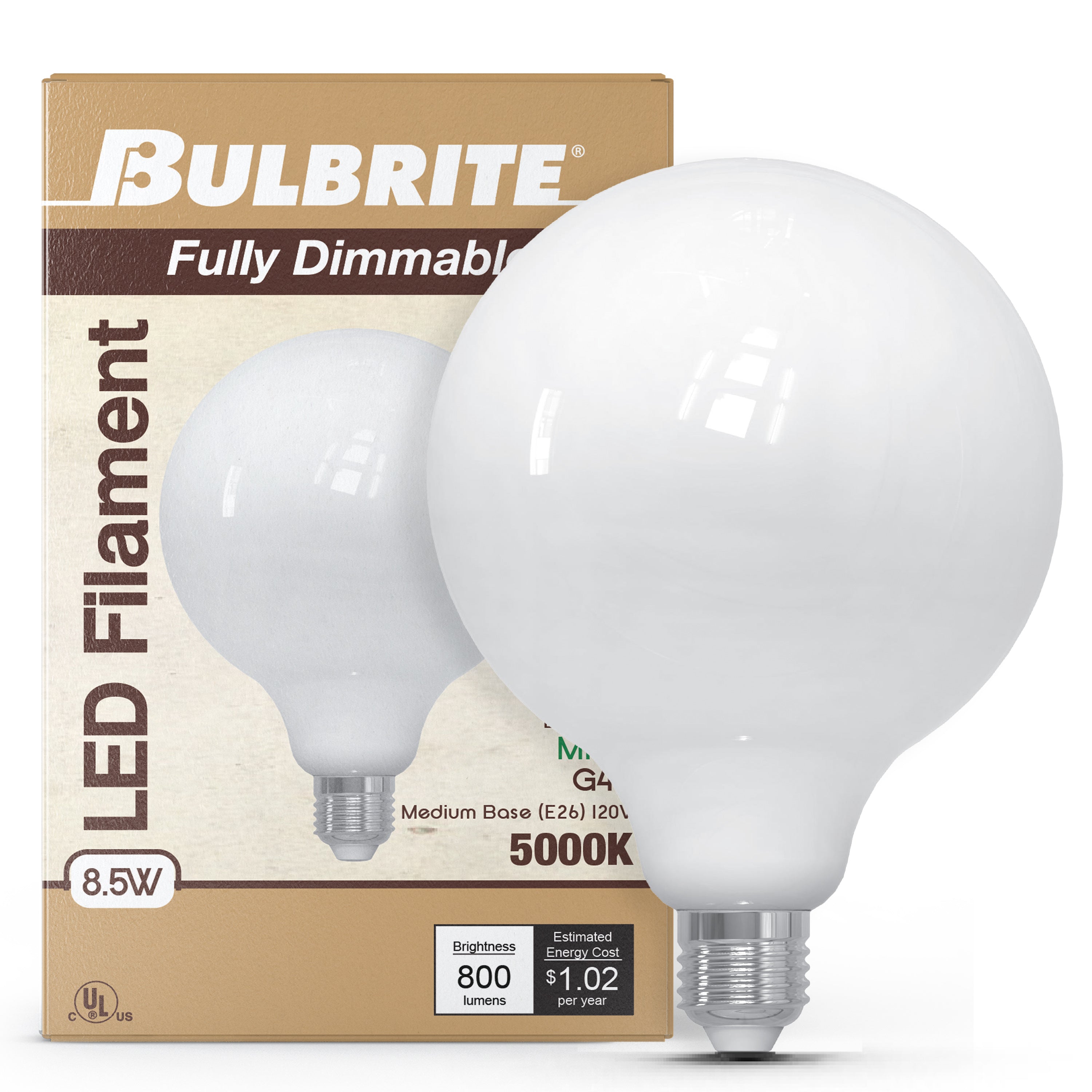 G40 8.5W Dimmable Milky Filament LED Light Bulb with E26 Base, 5000K, 800 Lumens, 2-Pack