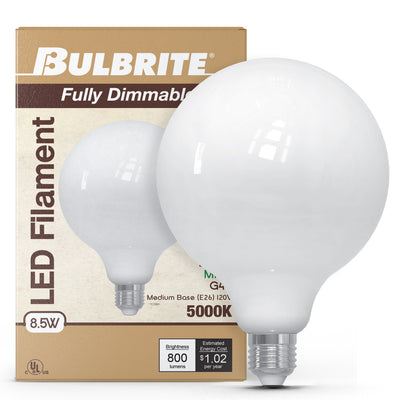 G40 8.5W Dimmable Milky Filament LED Light Bulb with E26 Base, 5000K, 800 Lumens, 2-Pack