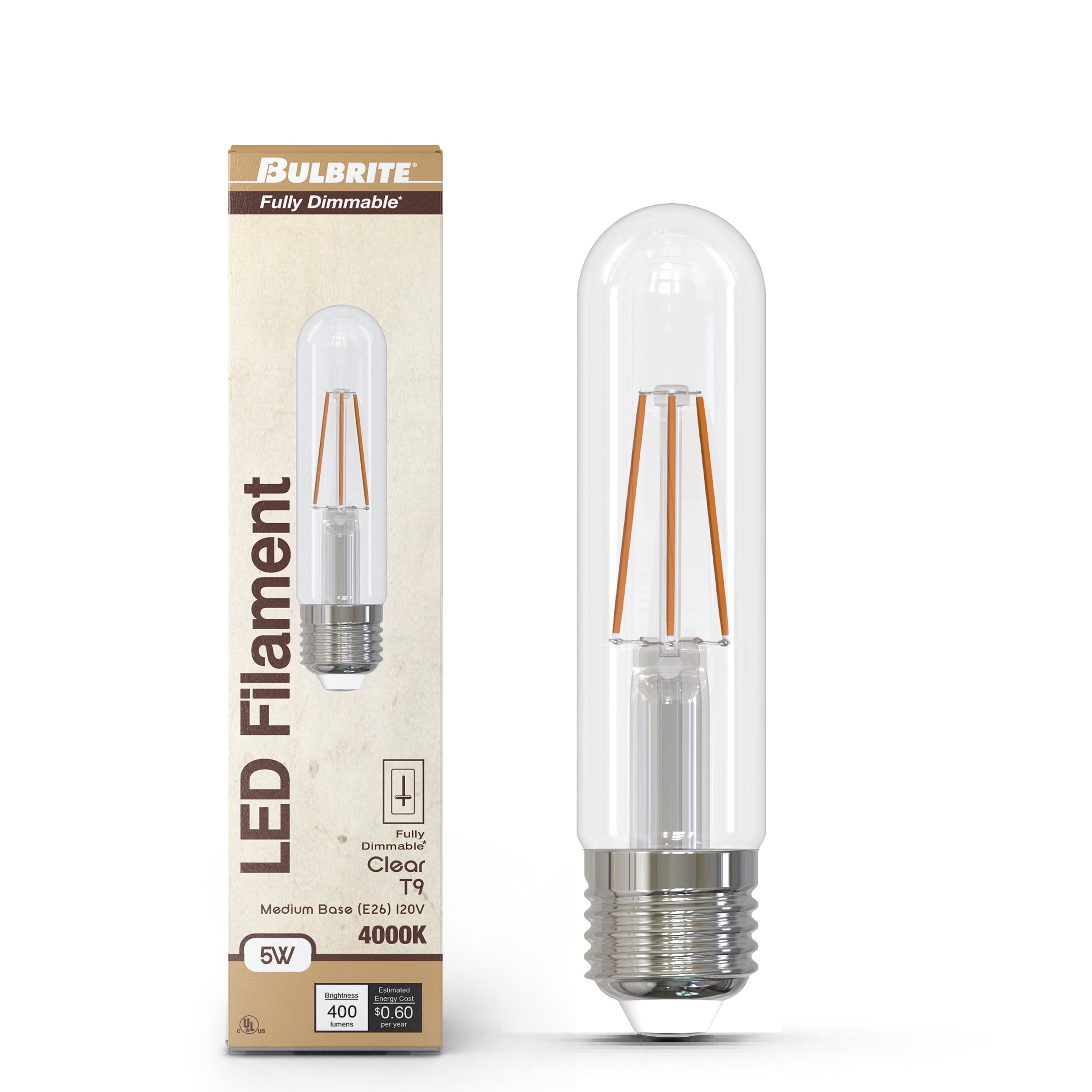T9 5-inch 5W Dimmable Frost Filament LED Light Bulb with E26 Base, 4000K, 400 Lumens, 4-Pack