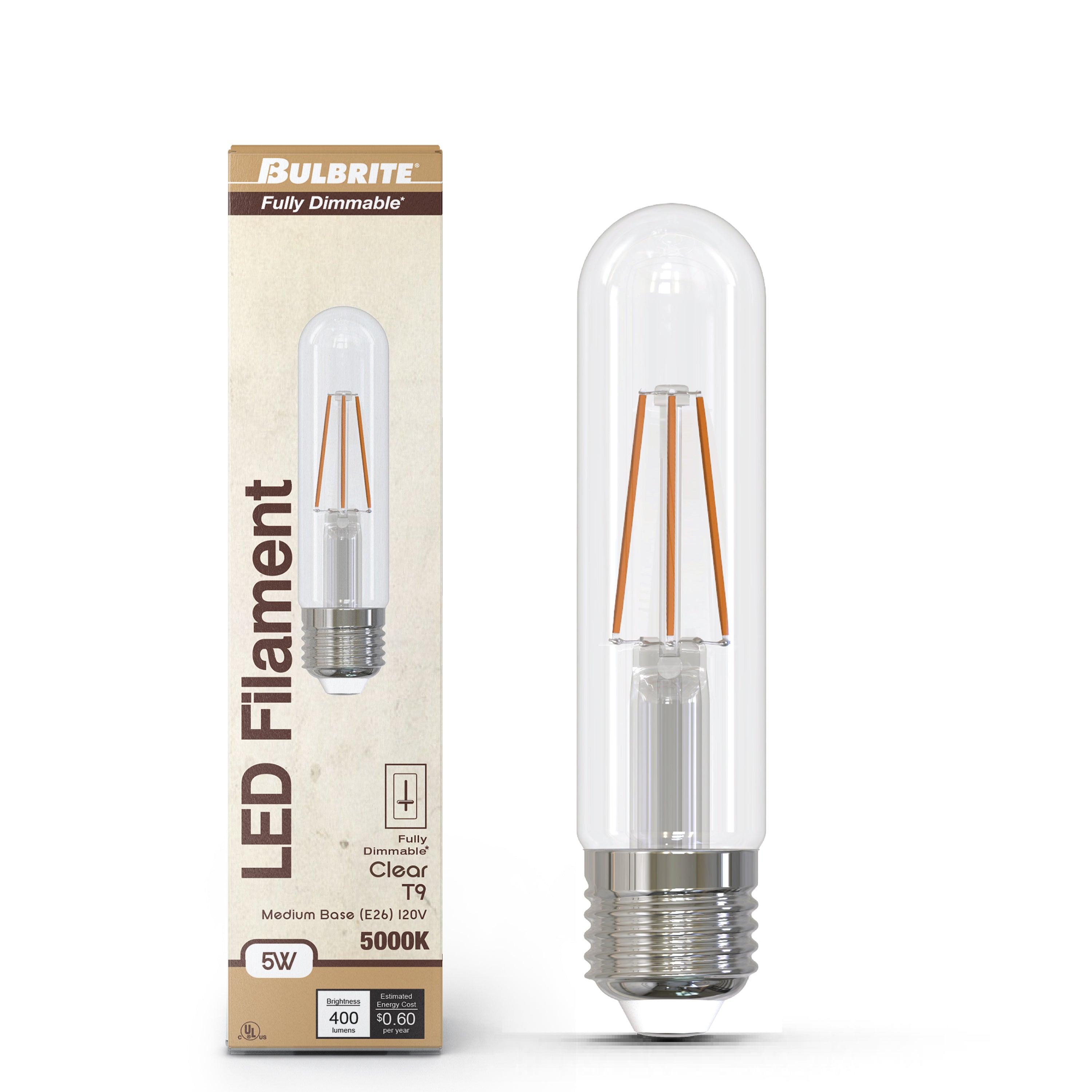T9 5-inch 5W Dimmable Clear Filament LED Light Bulb with E26 Base, 5000K, 400 Lumens, 4-Pack