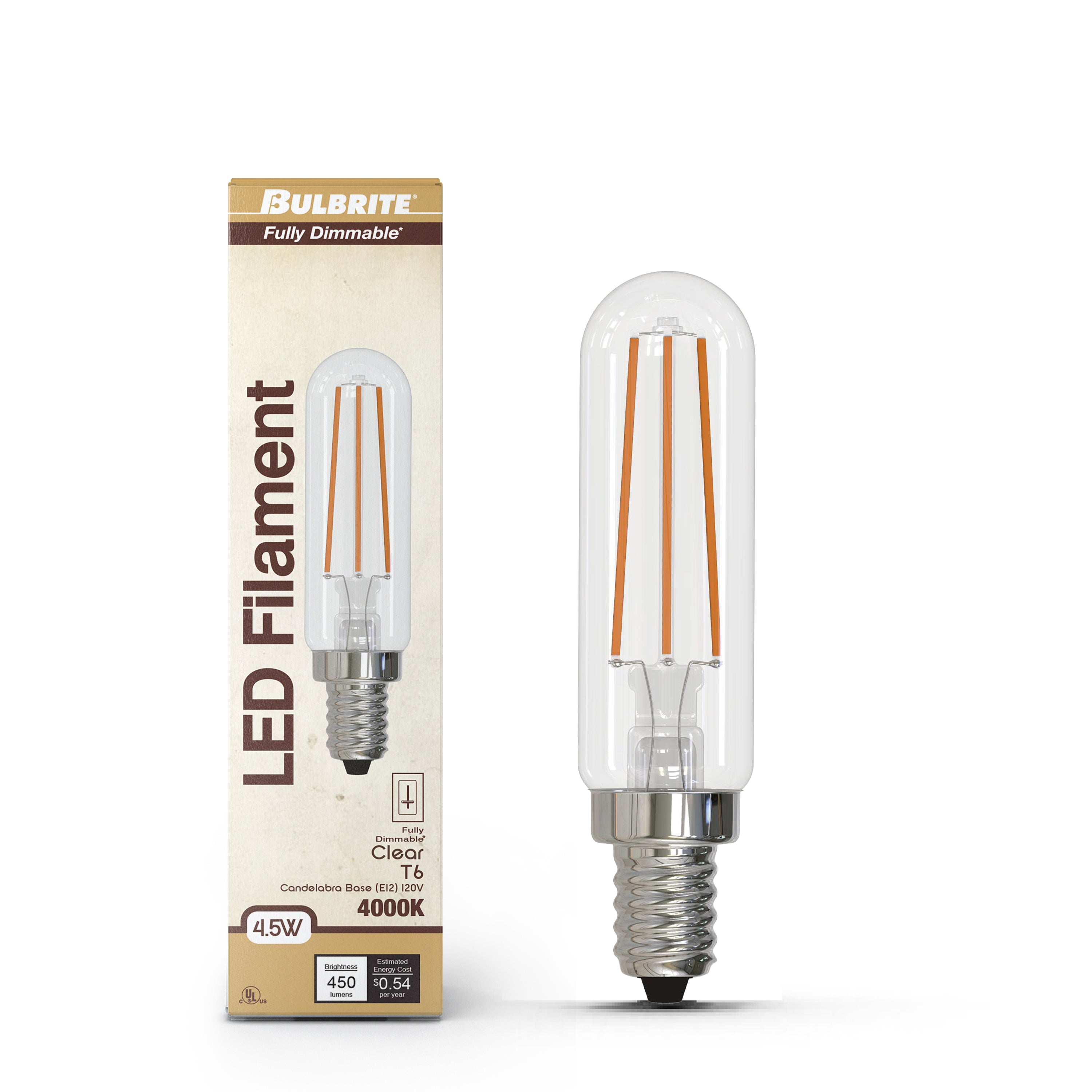 T6 4.5W Dimmable Clear Filament LED Light Bulb with E12 Base, 4000K, 450 Lumens, 4-Pack