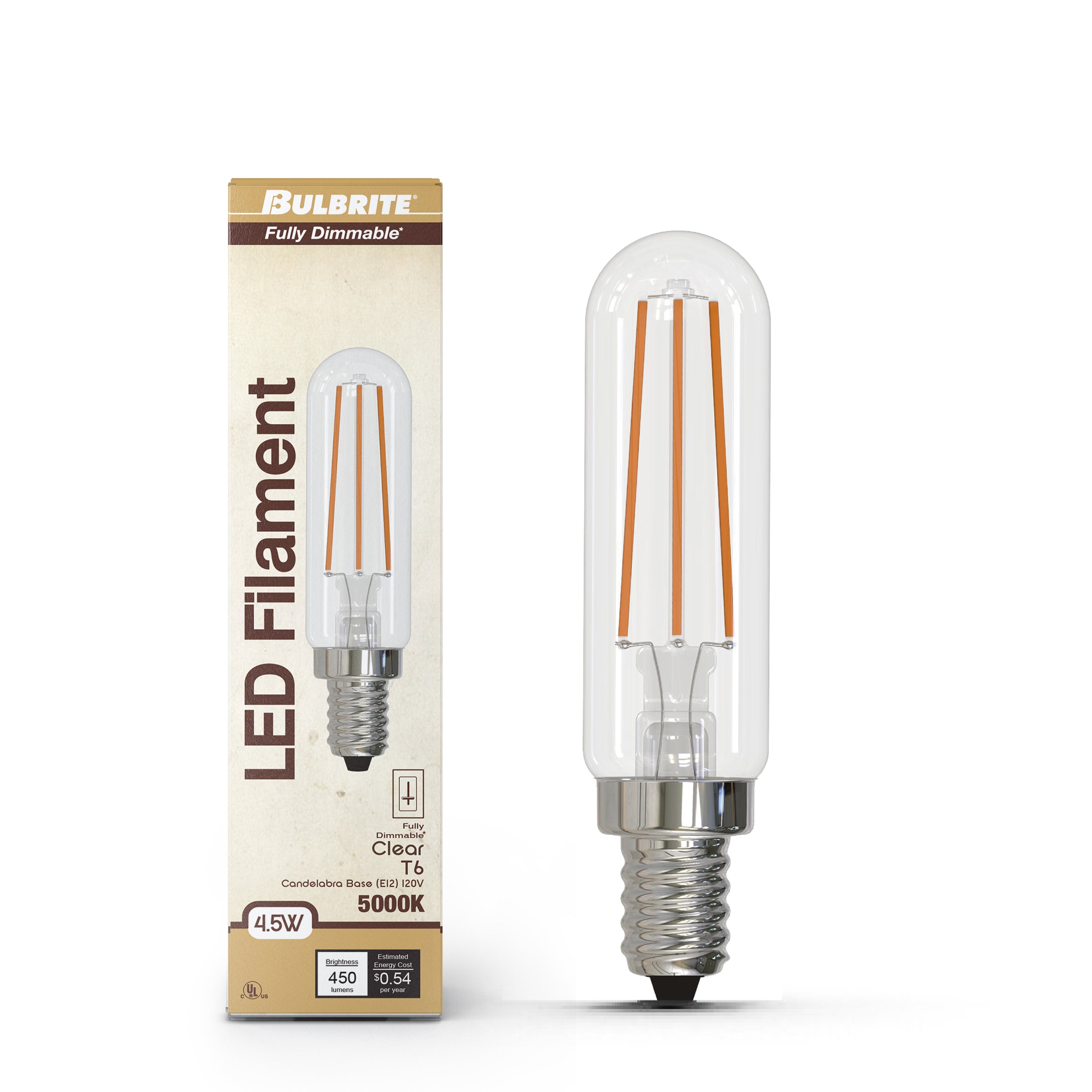 T6 4.5W Dimmable Clear Filament LED Light Bulb with E12 Base, 5000K, 450 Lumens, 4-Pack