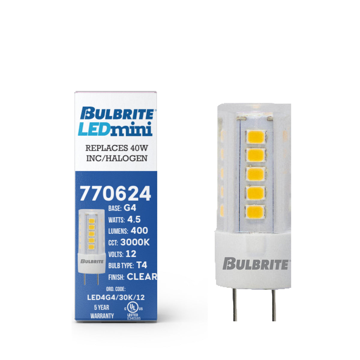 T4 4.5W Non-Dimmable Clear LED Light Bulb with G4 Base, 3000K, 400 Lumens, 12V, 2-Pack