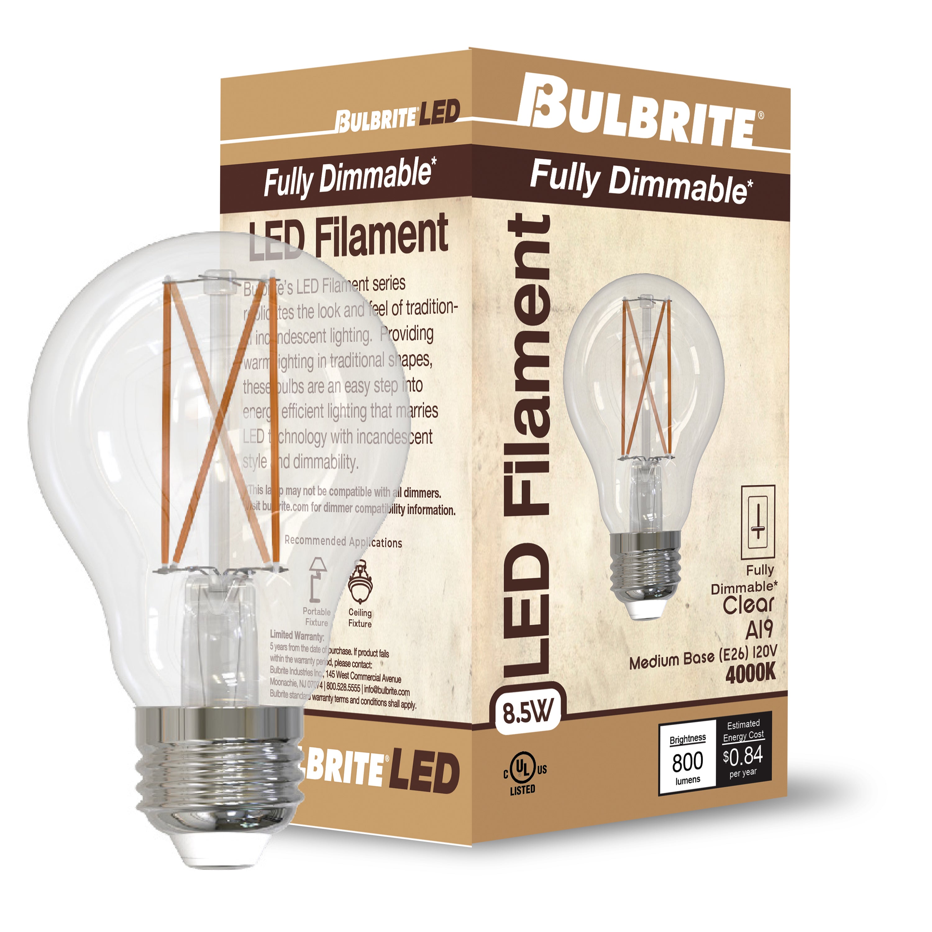 A19 8.5W Dimmable Clear Filament LED Light Bulb with E26 Base, 5000K, 800 Lumens, 4-Pack