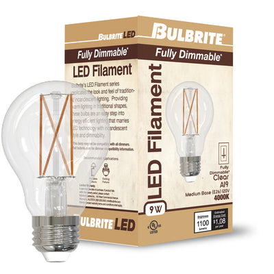 A19 9W Dimmable Clear Filament LED Light Bulb with E26 Base, 4000K, 1100 Lumens, 4-Pack