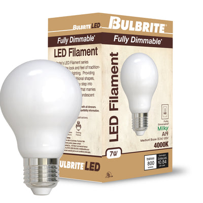 A19 7W Dimmable Milky Filament LED Light Bulb with E26 Base, 4000K, 800 Lumens, 4-Pack
