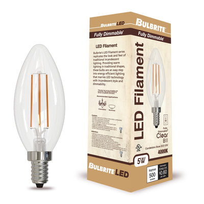 B11 5W Dimmable Clear Filament LED Light Bulb with E12 Base, 4000K, 500 Lumens, 4-Pack