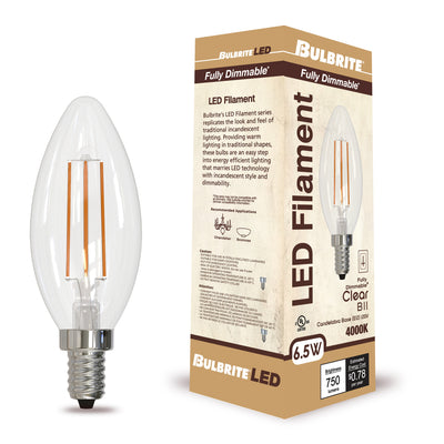 B11 6.5W Dimmable Clear Filament LED Light Bulb with E12 Base, 4000K, 750 Lumens, 4-Pack