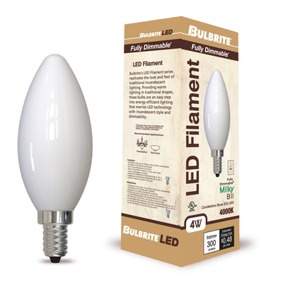 B11 4W Dimmable Milky Filament LED Light Bulb with E12 Base, 4000K, 300 Lumens, 4-Pack