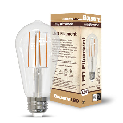 ST18 8.5W Dimmable Clear Filament LED Light Bulb with E26 Base, 4000K, 800 Lumens, 4-Pack