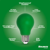 A19 4.5W Dimmable Green Filament LED Light Bulb with E26 Base, 10-Pack