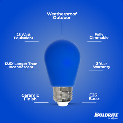 S14 2.5W Dimmable Blue Filament LED Light Bulb with E26 Base, 10-Pack