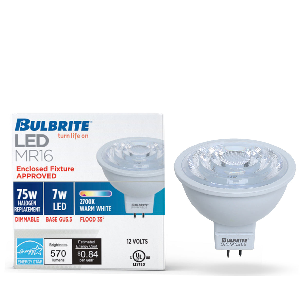 MR16 Dimmable White LED Light Bulb with GU5.3 Base, 2700K, 570 Lumens, 4-Pack