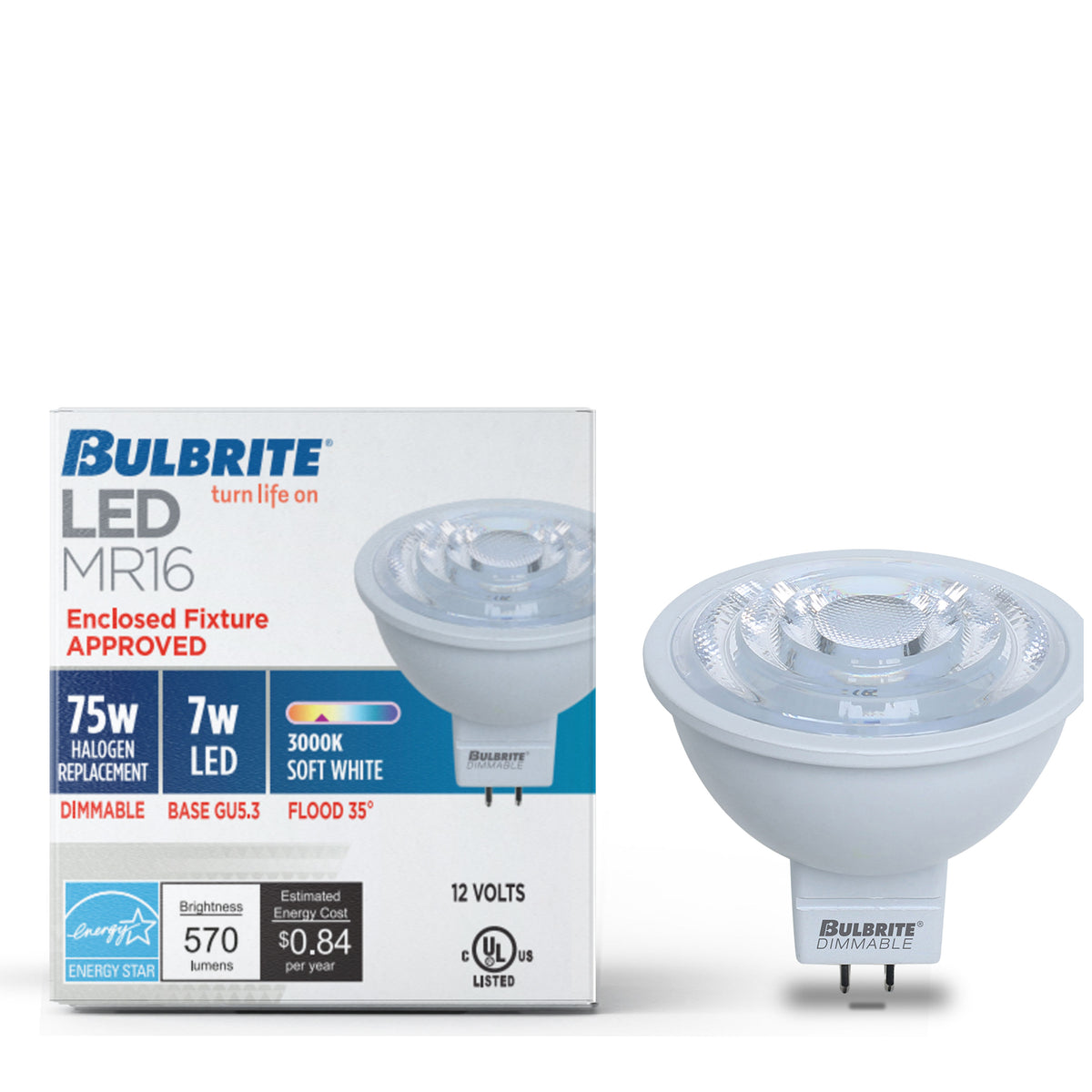 MR16 Dimmable White LED Light Bulb with GU5.3 Base, 3000K, 570 Lumens, 4-Pack