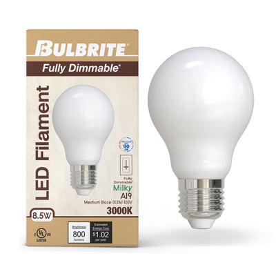 A19 8.5W Dimmable Milky Filament LED Light Bulb with E26 Base, 3000K, 800 Lumens, 2-Pack