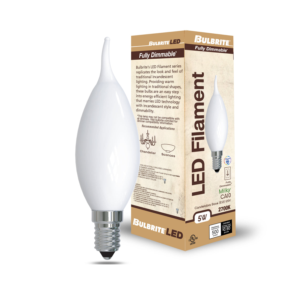 CA10 5W Dimmable Milky Filament LED Light Bulb with E12 Base, 2700K, 500 Lumens, 4-Pack