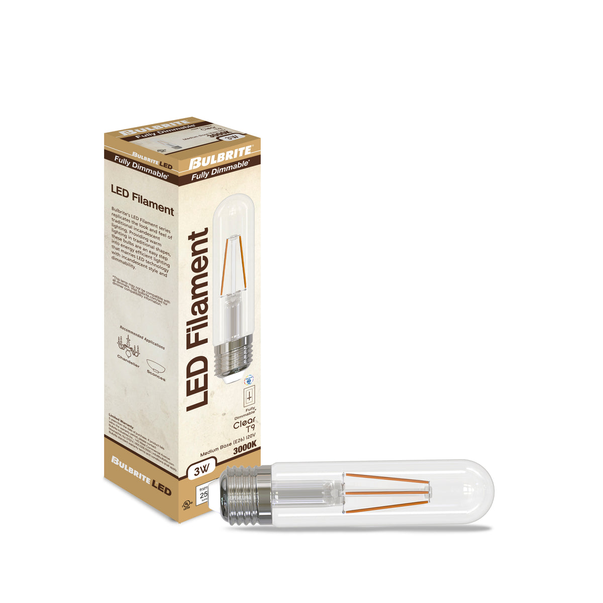 T9 3W Dimmable Clear Filament LED Light Bulb with E26 Base, 3000K, 250 Lumens, 2-Pack