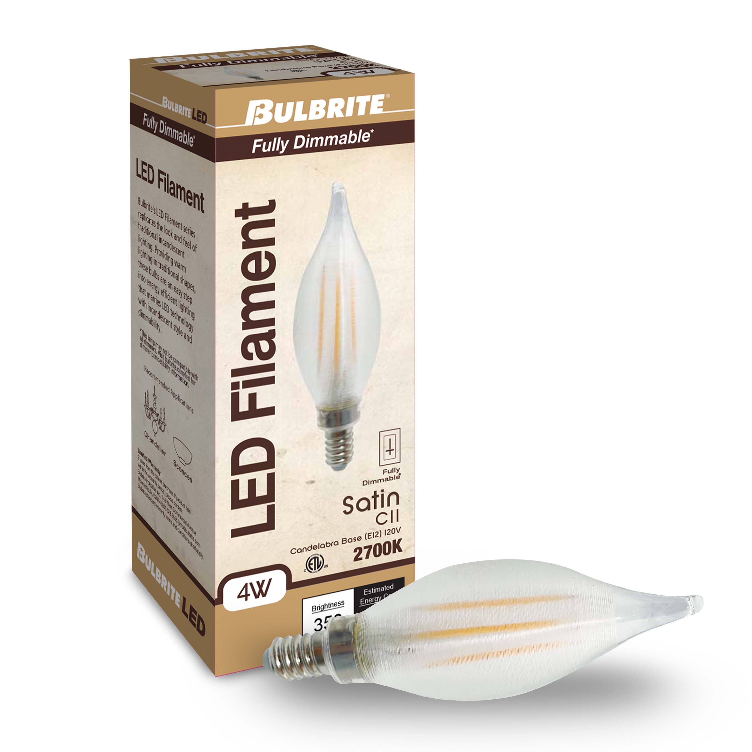 C11 4W Dimmable Satin Filament LED Light Bulb with E12 Base, 2700K, 350 Lumens, 4-Pack