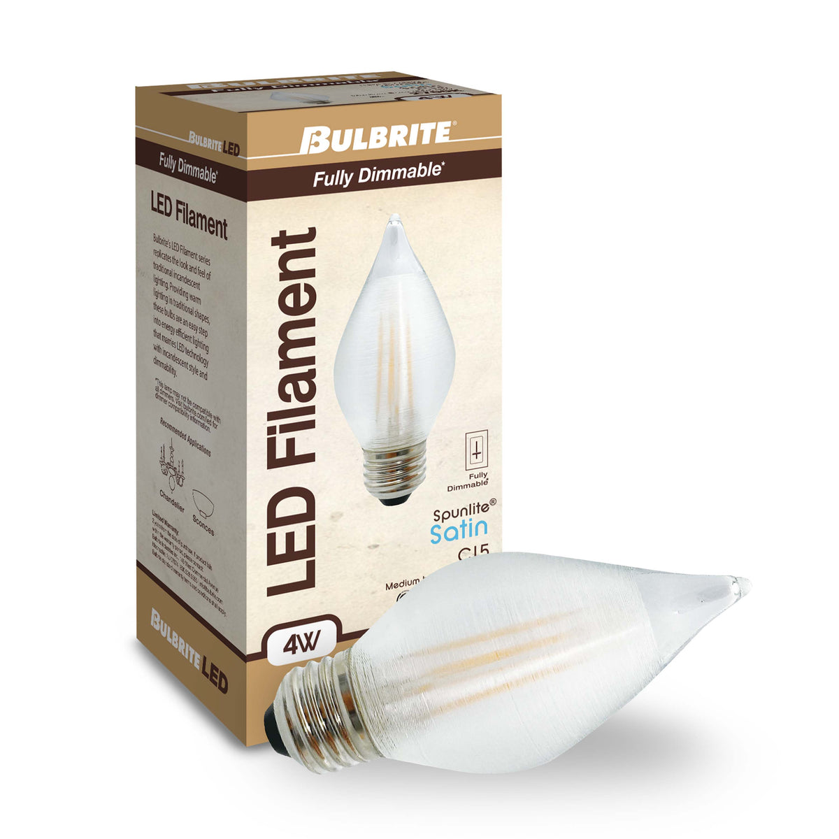 C15 4W Dimmable Satin Filament LED Light Bulb with E26 Base, 2700K, 350 Lumens, 4-Pack