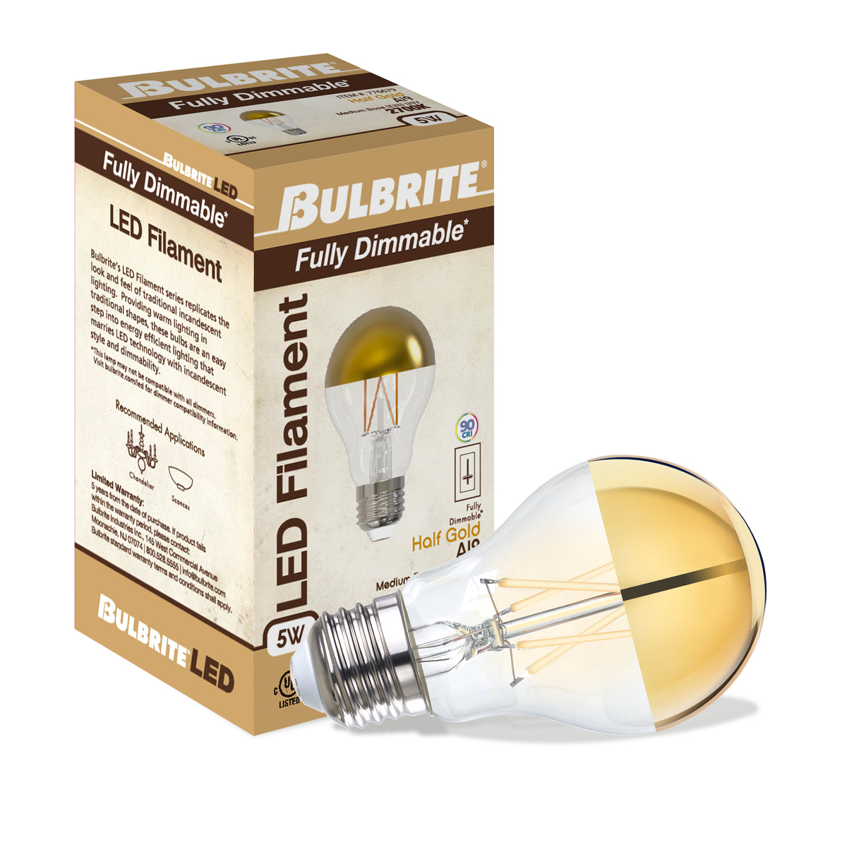A19 5W Dimmable Half Gold Filament LED Light Bulb with E26 Base, 2700K, 400 Lumens, 4-Pack
