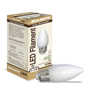 B11 5.5W Dimmable Milky Filament LED Light Bulb with E26 Base, 2700K, 500 Lumens, 4-Pack