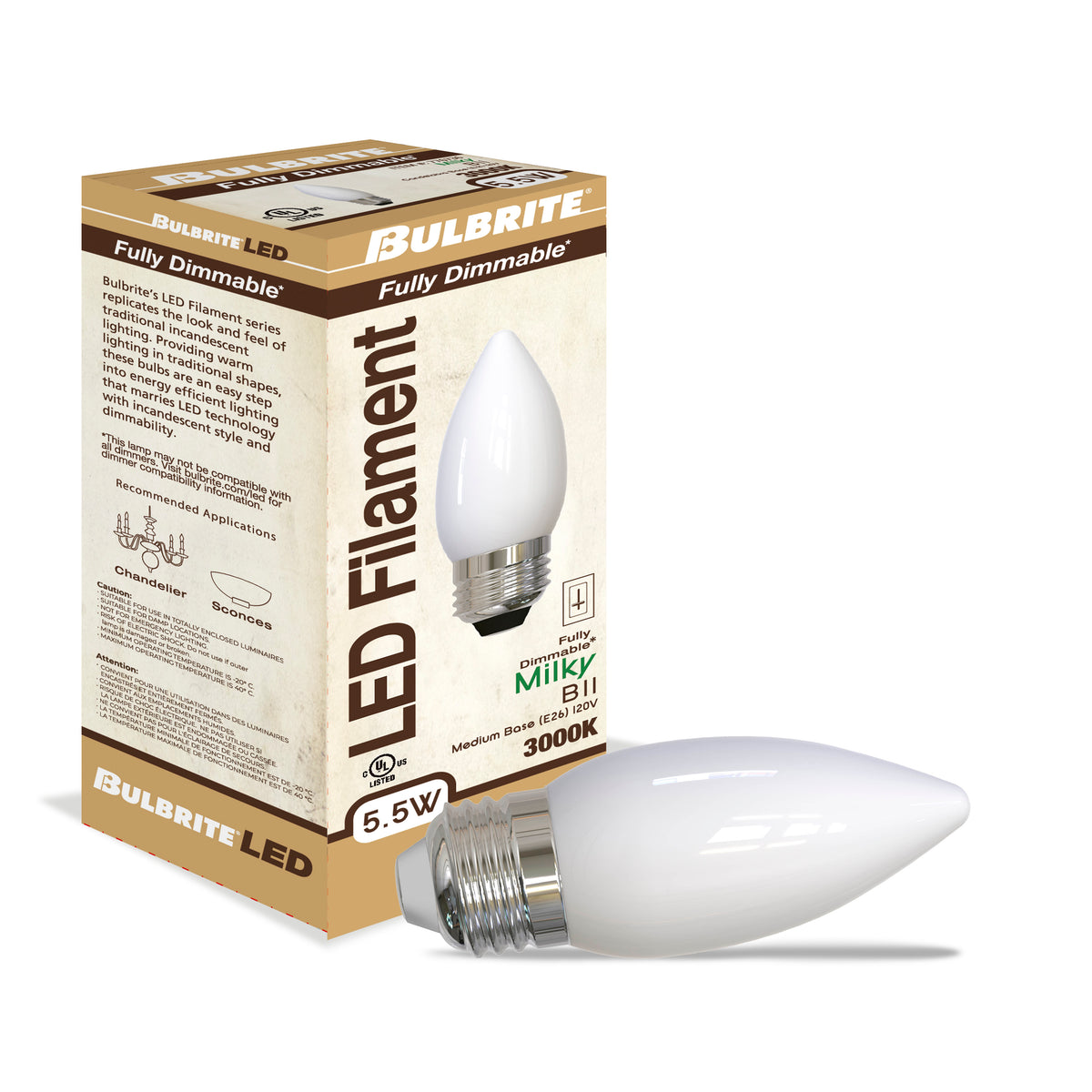 B11 5.5W Dimmable Milky Filament LED Light Bulb with E26 Base, 3000K, 500 Lumens, 4-Pack