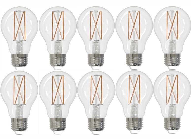 A19 7.6W Dimmable Clear Filament LED Light Bulb with E26 Base, 2700K, 800 Lumens, 10-Pack