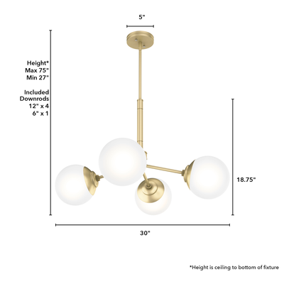 Hepburn 30-inch 4-light Modern Brass Chandelier with Cased White Glass