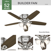 52 inch Builder Brushed Nickel Low Profile Ceiling Fan with LED Light Kit and Pull Chain