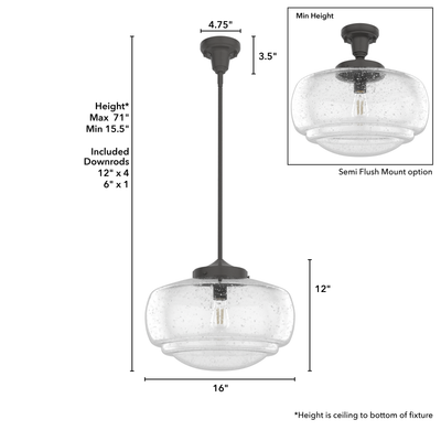 Saddle Creek 16-inch 1-light Noble Bronze Schoolhouse Pendant with Seeded Glass
